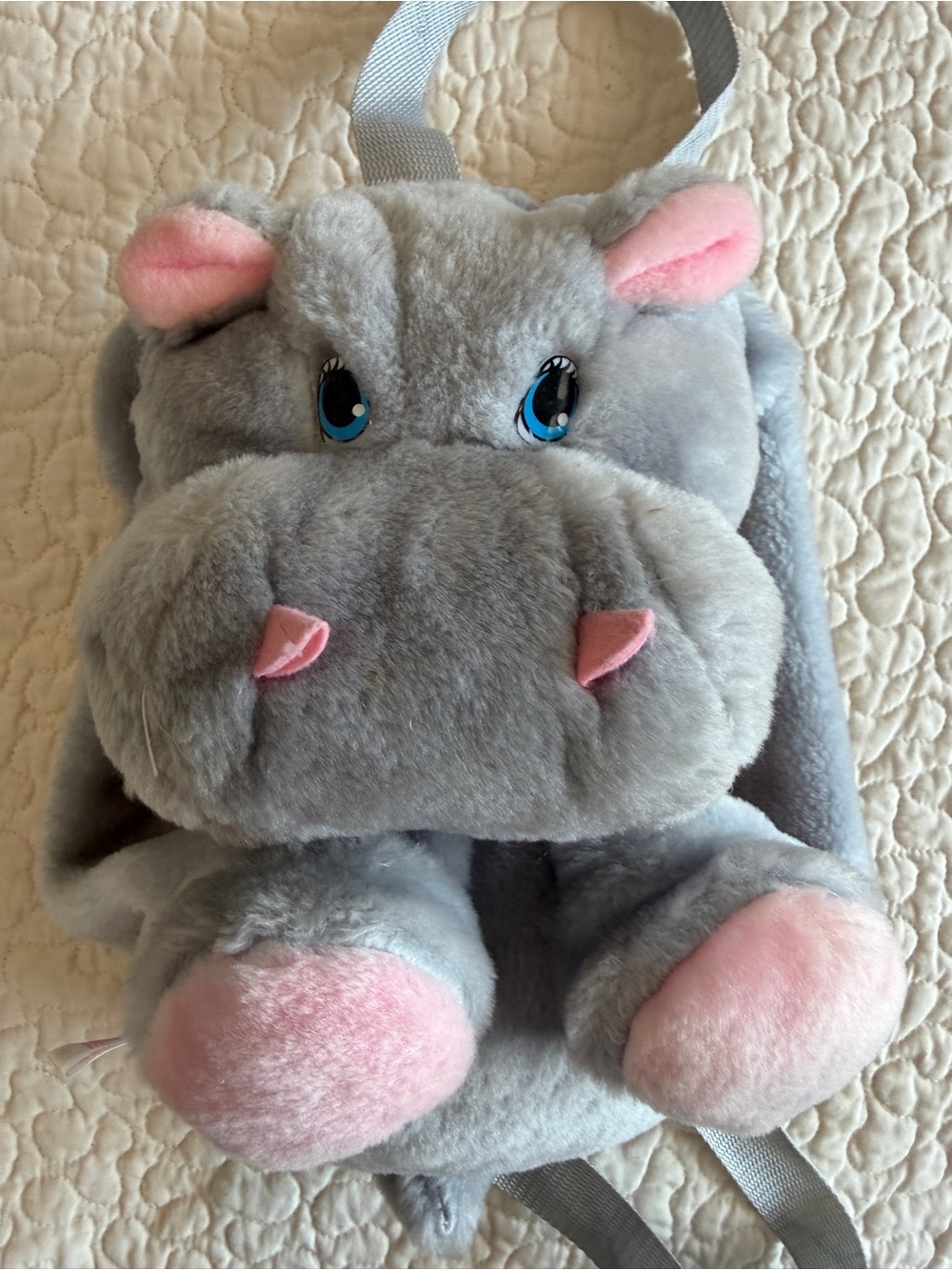 Vintage Plush Pal Gray Hippo Plush Backpack Pink Feet Made in Taiwan Y2K